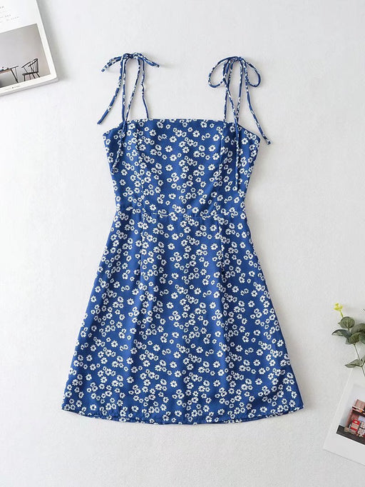 Summer Women Clothing Strap Lace-up Lined off-Neck A- line Dress Short Dress-Blue-Fancey Boutique