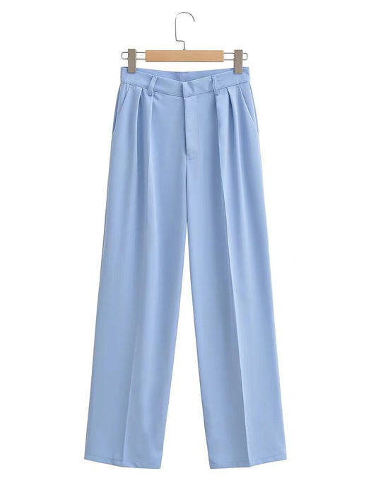 Color-Blue-Spring Waist Pleated Baggy Straight Trousers Mid Waist Casual Pants Work Pant Trousers-Fancey Boutique