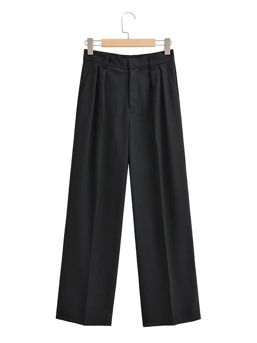 Color-Black-Spring Waist Pleated Baggy Straight Trousers Mid Waist Casual Pants Work Pant Trousers-Fancey Boutique