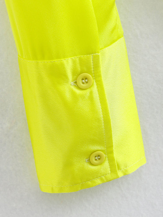 Color-Spring Women Bright Yellow Satin Texture Shirt Top-Fancey Boutique