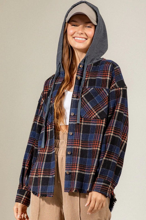 Color-Blue-Women Autumn Winter Plaid Shirt Button Down Jacket Coat Plaid Shacket Jacket Clothing with Pocket Cozy Long Sleeve Casual Boyfriend Shirt-Fancey Boutique