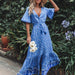 Vacation Positioning Printed Tassel Waist-Controlled Lace-up Beach Large Swing Dress Women Summer V-neck Short Sleeve Dress-Fancey Boutique