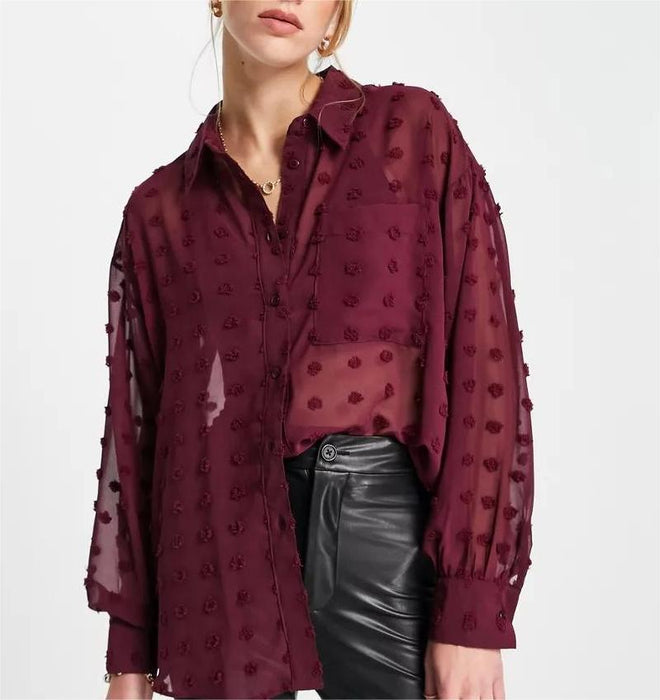 Color-Women Clothing Polo Collar Solid Color Polka Dot Embroidered Long-Sleeved Shirt Top-Fancey Boutique