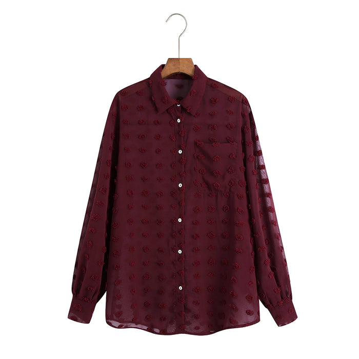 Color-Women Clothing Polo Collar Solid Color Polka Dot Embroidered Long-Sleeved Shirt Top-Fancey Boutique