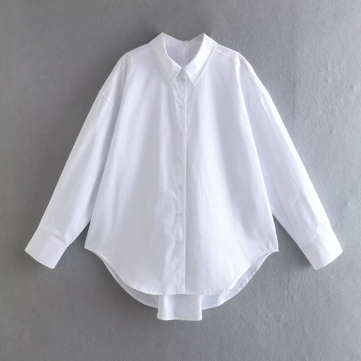 Color-White-Summer Cotton Solid Color Loose-Fitting Women Shirt Front Rear Collared Poplin Long Sleeve Shirt for Women-Fancey Boutique