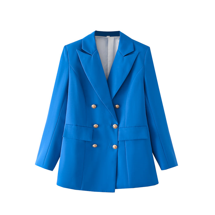 Color-royal blue-Metal Buckle Green Blazer Elegant Slimming Double Breasted British Women Top-Fancey Boutique
