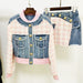 Color-Multi-Houndstooth Denim Stitching Loose Fringe Varsity Jacket Jacket Coat Skirt Set Two Piece Set-Fancey Boutique