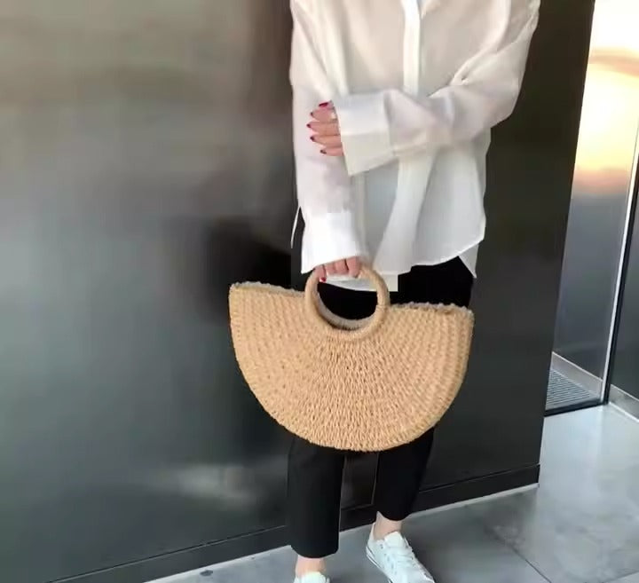 Women handmade round woven straw beach tote bags summer rattan handbag ladies weave straw bag-Fancey Boutique