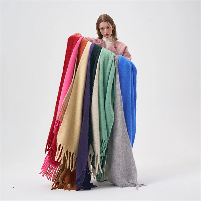 Simple color blocking soft touch plush scarf thickened and lengthened imitation cashmere shawl student windproof scarf for women-Fancey Boutique