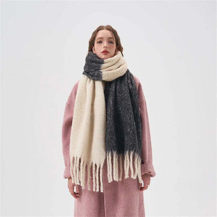 Simple color blocking soft touch plush scarf thickened and lengthened imitation cashmere shawl student windproof scarf for women-Fancey Boutique