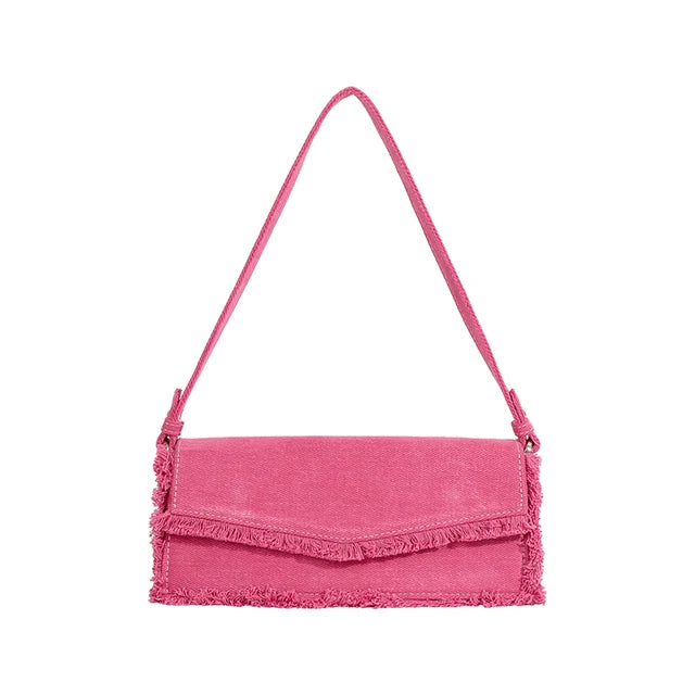 Pink Fringe Women's Canvas Underarm Shoulder Bag Small Flap Over Clutch Handbag Unique Single Sling Purse-Fancey Boutique