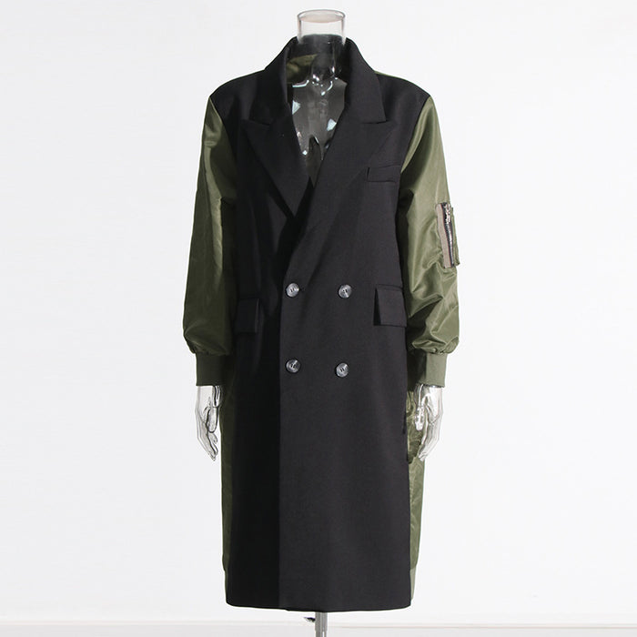 Color-Army Green-Autumn Winter Niche Design Stitching Contrast Color Loose Casual All Matching Long Trench Coat Women-Fancey Boutique