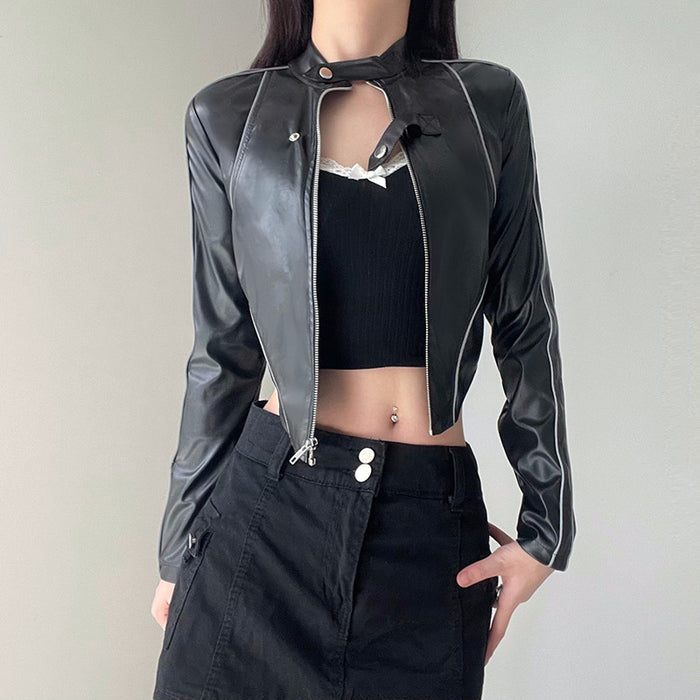 Color-Black-Hipster Reflective Leather Jacket Stand Collar Irregular Asymmetric Hem Short Cropped-Exposed Sexy Faux Leather Jacket Top-Fancey Boutique