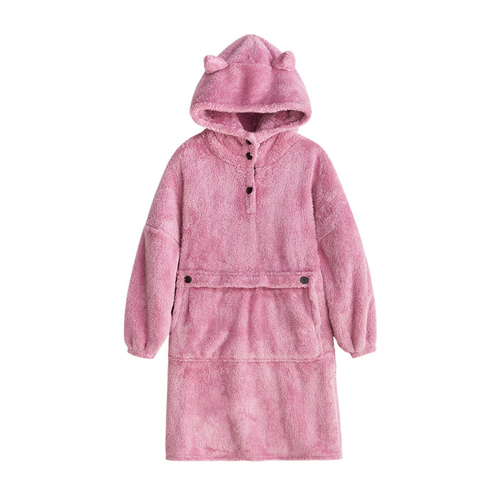 Color-Pink-Pajamas Women Autumn Winter Flannel Nightgown Thickened Pajamas Pullover Couple Homewear-Fancey Boutique