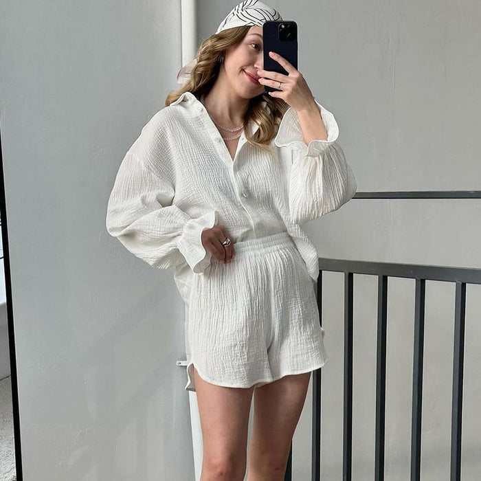 Autumn Pure Cotton Pajamas Women Comfortable Soft Outer Wear Long Sleeve Shorts Two Piece Set-Fancey Boutique