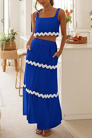 Women Clothing Lace Collage Sleeveless Short Vest High Waist Long Skirt Set-Blue-Fancey Boutique