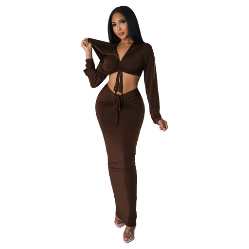 Color-Coffee-Hooded Cropped Top Sexy High Waist One Step Skirt Two Piece Set-Fancey Boutique