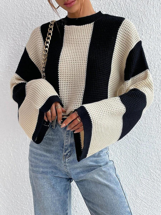 Autumn Winter Western Knitted Sweater Top Round Neck Striped Niche Sweater Coat Women-Apricot-Fancey Boutique