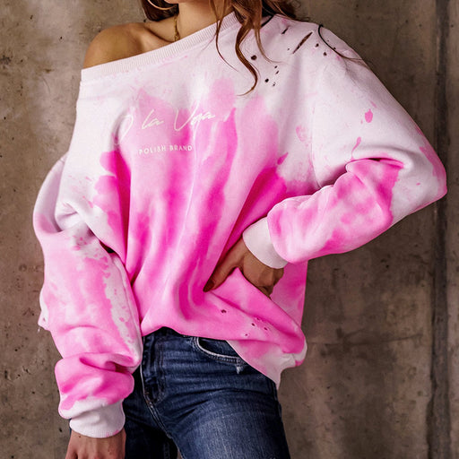 Color-Pink-Women Clothes Printed Tie-Dyed Long Sleeve round Neck T- Sweater for Women Sweatshirt-Fancey Boutique