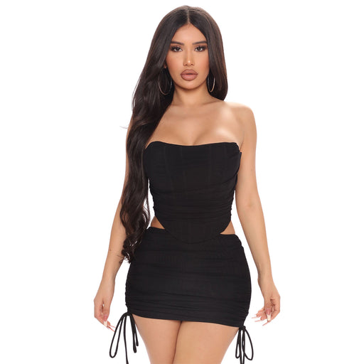 Color-Black-Women Clothing Tube Top Mesh Double Layer Stitching Pleating Sexy Two Piece Suit-Fancey Boutique