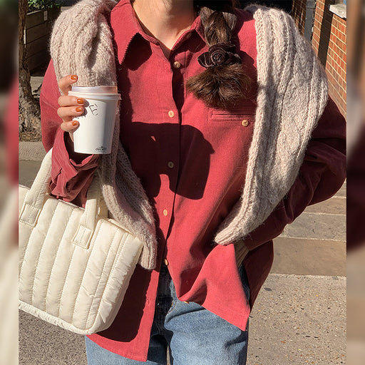 Color-Coral Red-Niche Cardigan Corduroy Collared Shirt Cotton Long Sleeve Loose Top-Fancey Boutique