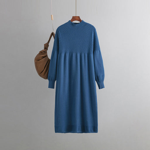 Color-Blue-Loose Mid Length Bottoming Knitted Dress Women Autumn Winter V neck Long Sleeve Woolen-Fancey Boutique