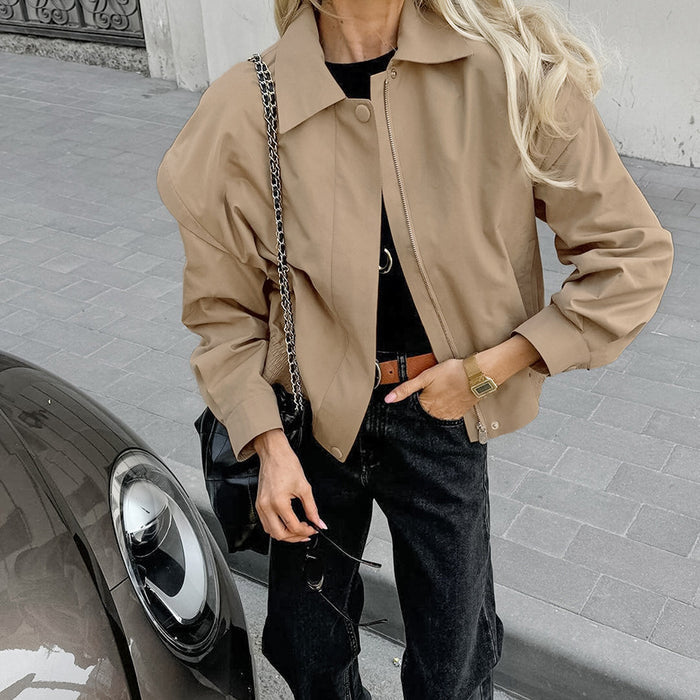 Khaki Trench Coat Women Simple French Collared Overalls Loose Bomber Jacket Design Women Clothing-Khaki-Fancey Boutique