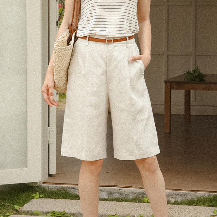 Color-Hemp Color-Cotton Linen Cropped Pants Summer Stone Washed Pure Linen High Waist Slimming Bermuda Shorts Office-Fancey Boutique