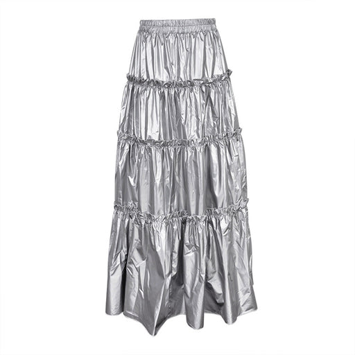 Color-Silver-Fall Women Clothing Metallic Coated Fabric Niche Design Silver Metal High Waist Mid Length Tiered Skirt-Fancey Boutique