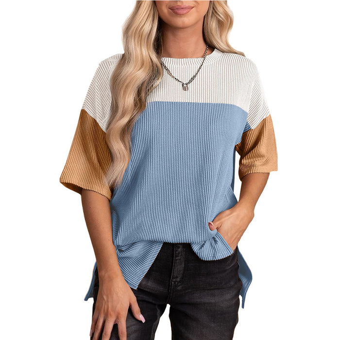 Spring Summer round Neck Wave Jacquard Color Matching Short Sleeve Loose T shirt Women-skyblue-Fancey Boutique