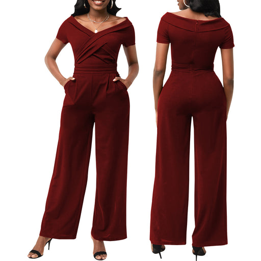 Color-Burgundy-Masson Sexy Solid Color Short Sleeve V-neck Women Jumpsuit-Fancey Boutique