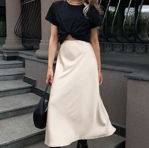 Autumn Imitation Acetate Satin A Swing High Waist Skirt Women Commuting Wear Long Skirt-Fancey Boutique