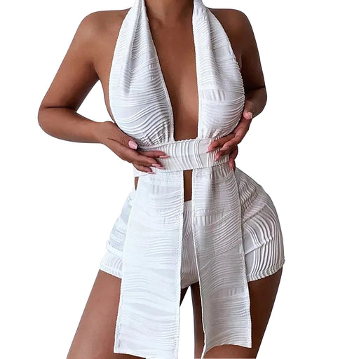 Color-White-Summer Women Clothing Sexy Backless Jacquard Two Piece Shorts Suit Women-Fancey Boutique