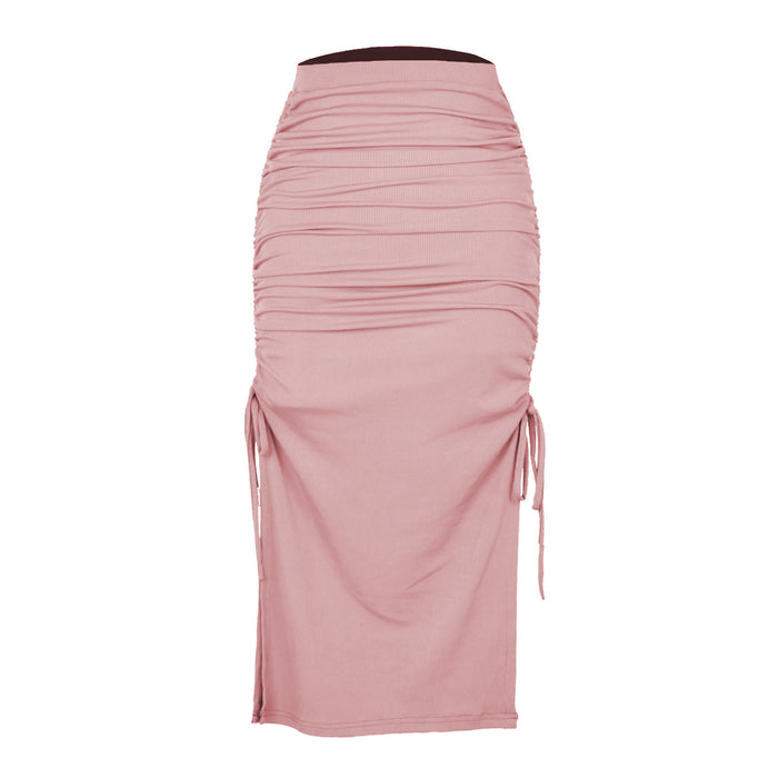 Color-Pink-Slit Knitted Slim Skirt Pleated Tie Sexy Sheath Women Clothing Skirt-Fancey Boutique