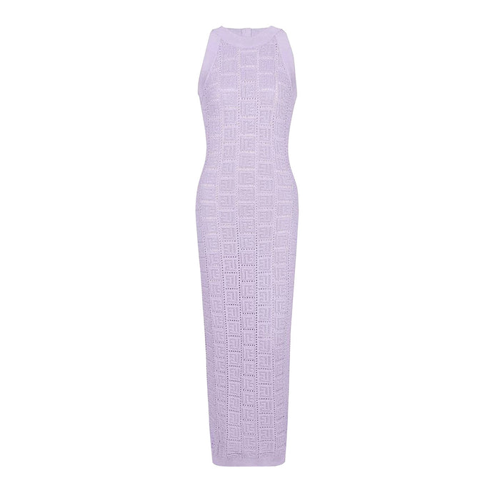 Color-Purple Dress-Long Sleeve Short round Neck Hollow Out Cutout out Knitwear Dress Vest Shorts Women-Fancey Boutique