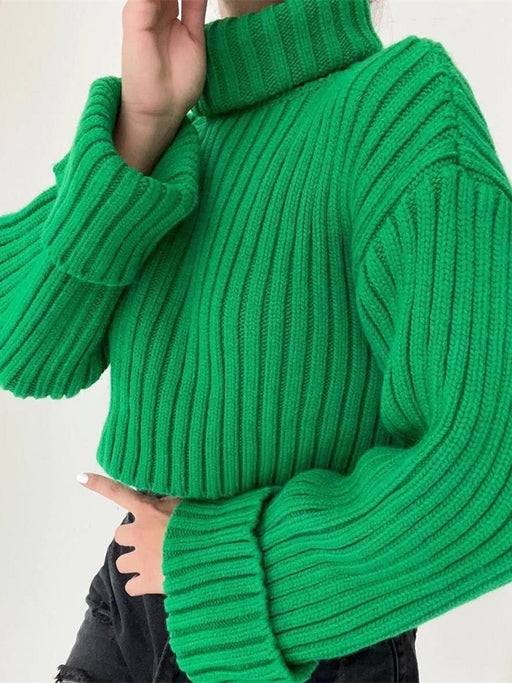 Color-Green-Autumn Winter Solid Color Thread Knitted Pullover High Collar Short Section Bottoming Shirt Sweater Women-Fancey Boutique