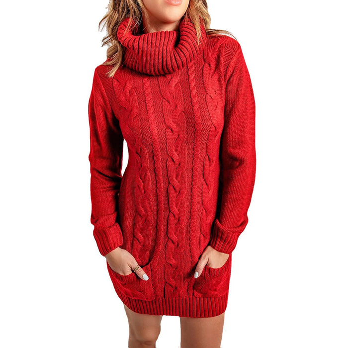 Color-Red-Autumn Winter High Neck round Neck Knitted Dress Sweater-Fancey Boutique