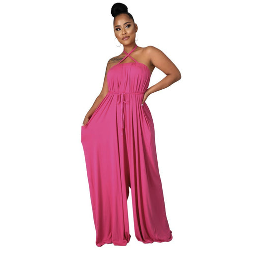 Color-Coral Red-Solid Color Summer Sleeveless Waist Wrapped Chest Loose Wide Leg Women Jumpsuit-Fancey Boutique