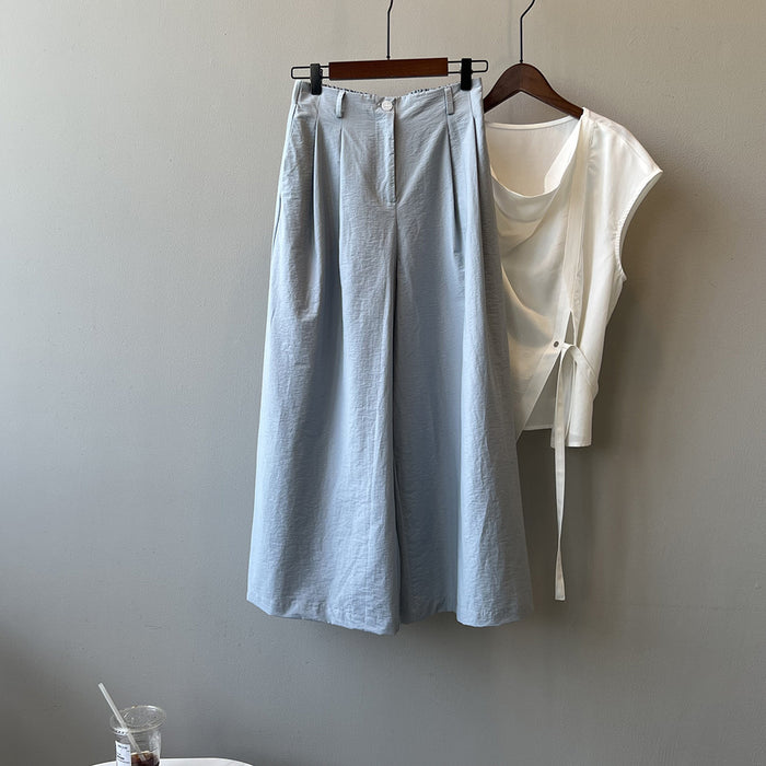 Simple Straight Wide Leg Pants Summer Cropped High Waist Pants Draped Casual Pants Women-Light Blue-Fancey Boutique