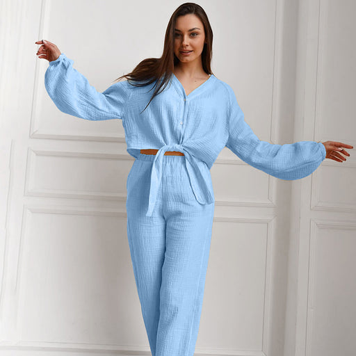 Color-Blue-Autumn Winter Blue Color Simple Outdoor Long Sleeved Trousers Pajamas Two Piece Set Home Wear for Women-Fancey Boutique