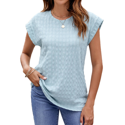 Spring Summer Solid Color Jacquard Loose Fitting round Neck Short Sleeve T shirt Top Women-Pale blue-Fancey Boutique