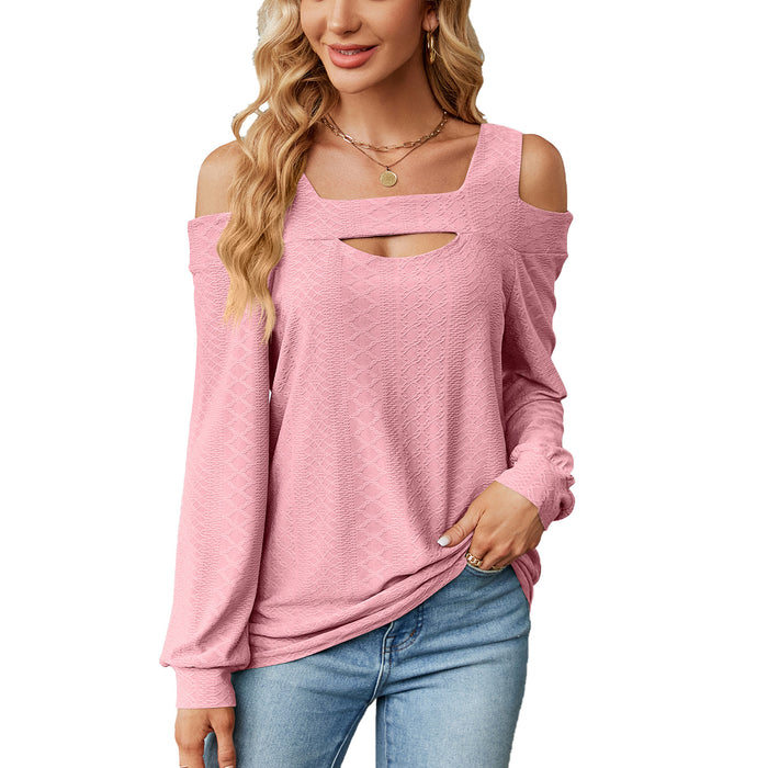 Color-Pink-Autumn Winter Solid Color Hollow Out Cutout Loose Long Sleeved T Shirt Top Women Clothing-Fancey Boutique