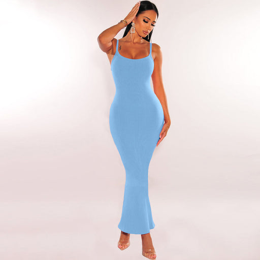 Color-Blue-Women Clothing Spring Summer Sexy Backless Slim Fit Solid Color Strap Dress-Fancey Boutique