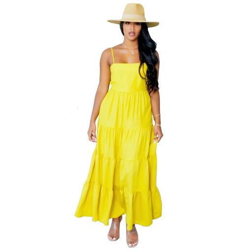 Color-Yellow-Solid Color Casual Hollow Out Cutout Cinched Pastoral Cami Dress-Fancey Boutique