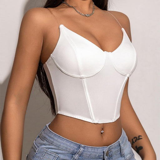 Boning Corset Corset Outer Wear Invisible Silicone Shoulder Strap Sexy Milk Silk Gathered Big Chest Strap Corset White-Tank Top-White-Fancey Boutique