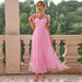 Color-Pink-Fashionable Women Clothing Evening Dress Lace up Shoulder Pleated Hem Mesh Dress-Fancey Boutique