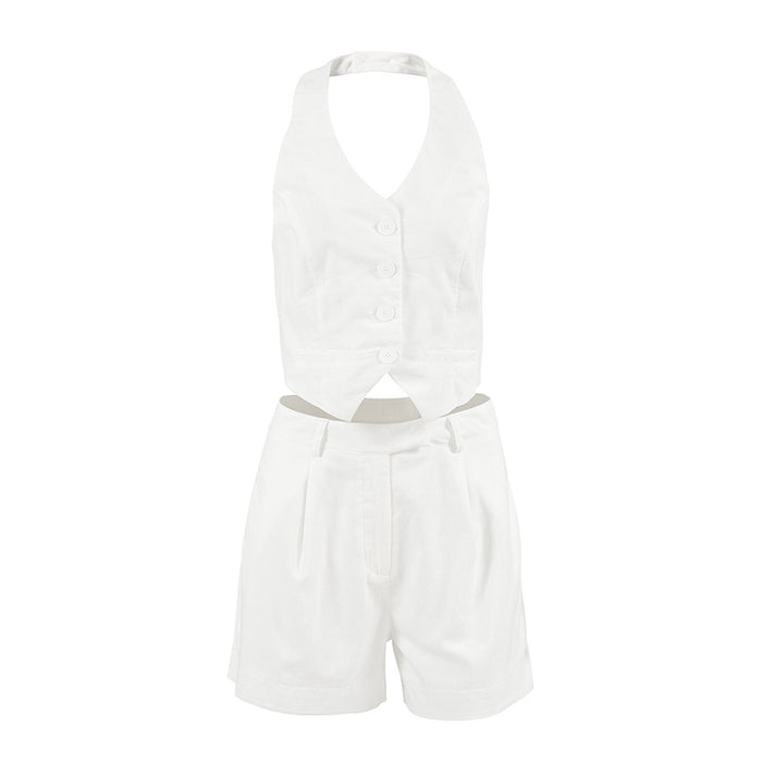 White Cotton Linen Halter Sleeveless Vest Pants Spring Summer Two Piece Set for Women-Fancey Boutique