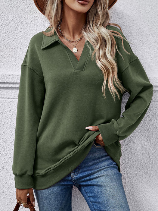 Color-Dark Green-Women Clothing Autumn Winter Winter Polo Collar Long Sleeve Loose Fitting Fleece Pullover Women-Fancey Boutique