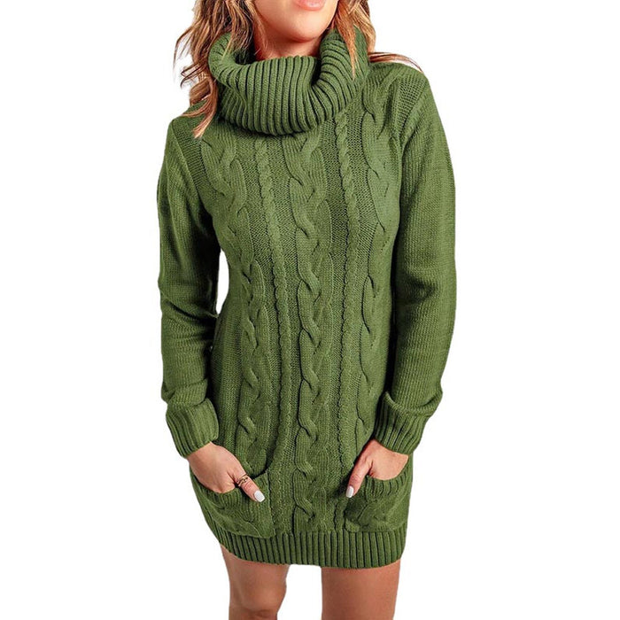 Color-Army Green-Autumn Winter High Neck round Neck Knitted Dress Sweater-Fancey Boutique