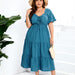 Color-Blue-Plus Size V Neck High Waist Dress Long Short Sleeve Dress-Fancey Boutique